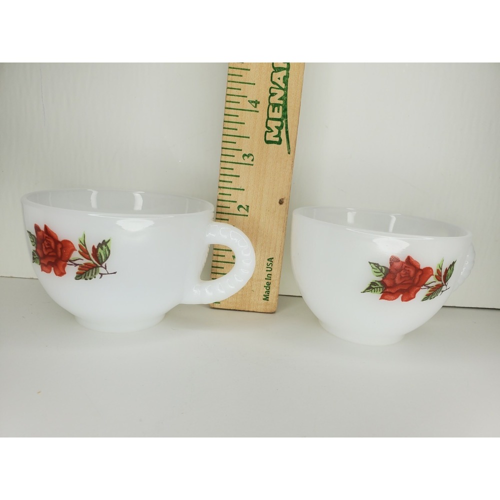 🌹Federal Glass ROSECREST Milk White Snack Plate & Cup Red Rose 1950's - Picture 5 of 8